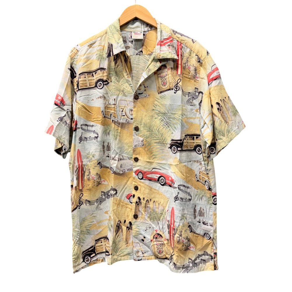 Go Barefoot Camp Shirt Mens Large Hawaiian Surf Woodie Car Aloha Button Up‎ VTG
